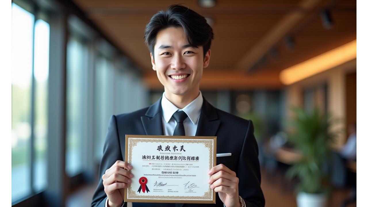 国際バーバー協会認定資格の証書を誇らしげに掲げる卒業生の笑顔。