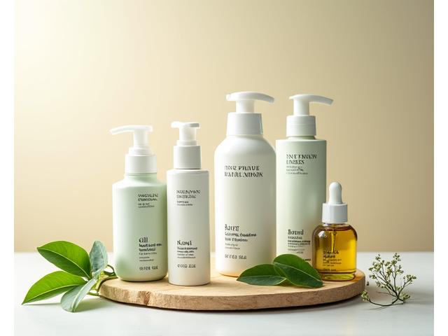 クリーンでミニマルなデザインのオーガニックヘアケア製品が、生の植物の葉や自然の木材のプレートの上に並べられている。製品には小さな日本のオーガニック認証マークが見える。