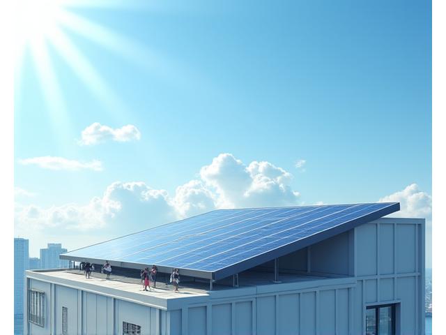 現代的な都市の屋上に設置されたソーラーパネルが、バーバーショップの建物を部分的に示し、上空に青い空と明るい太陽が見える。