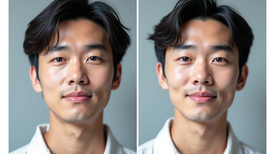男性フェイシャルSPAの施術前後比較:むくみが解消され、顔色が明るくなり、フェイスラインがシャープになった日本人男性の顔