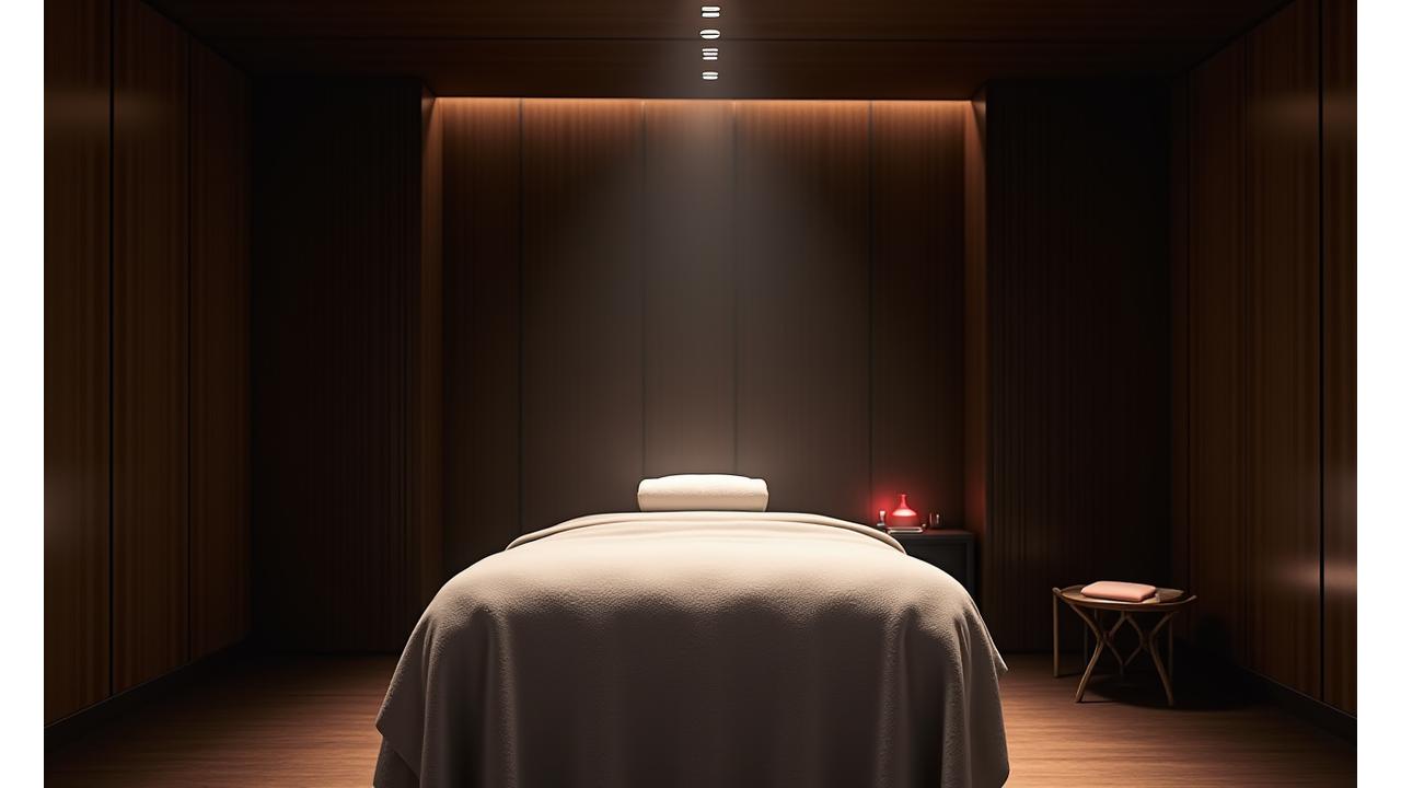 モダンでミニマルな男性専用SPA個室の内装。落ち着いた照明とアロマディフューザーが置かれ、完全にプライベートな空間を演出。