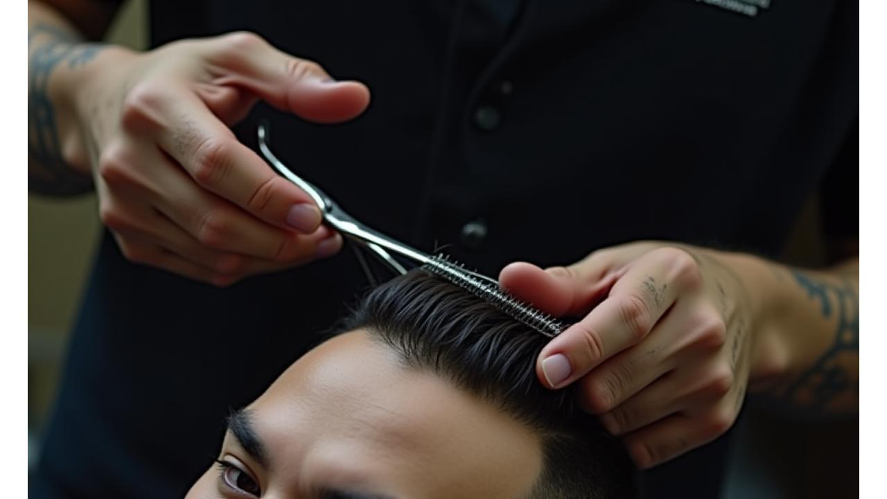 日本人バーバーによる精密なメンズカットの様子、ミリ単位で髪を整える熟練した手元