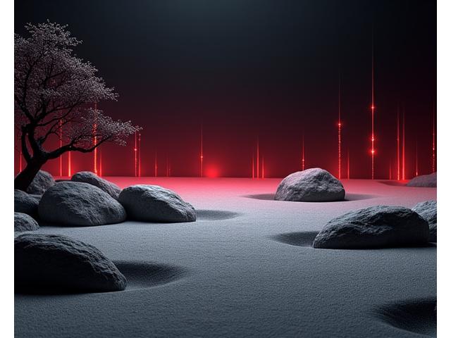 日本庭園の静けさの中に配置された、堅牢なデータセンターとシャープな光の表現