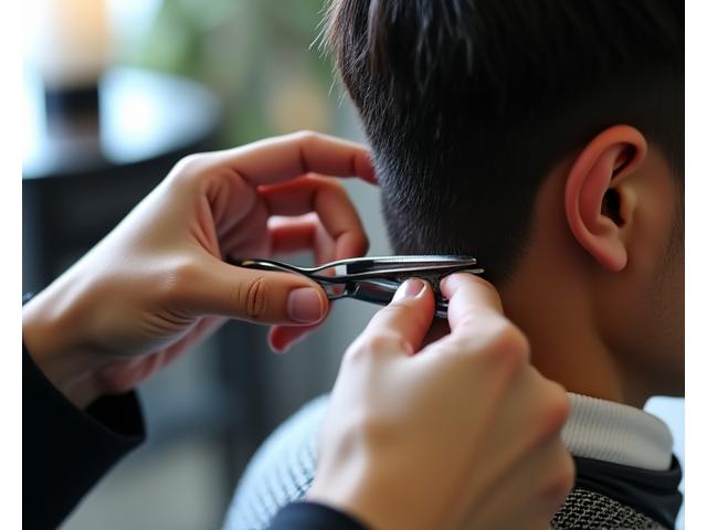 バーバーが男性の髪を精密にカットしている様子