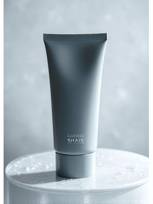 モダンなデザインのアフターシェーブバームのチューブ。水滴が少し付いていて、保湿感を示唆している。